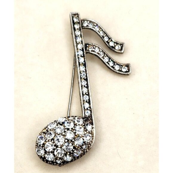 Silver Tone Music Note Brooch With Rhinestone Accents - 2" - Picture 1 of 3